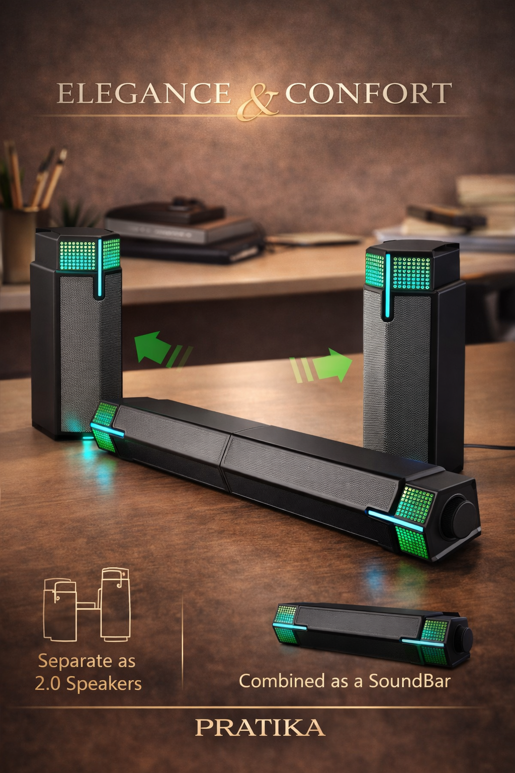 PRATIKA™ SoundBar Duo — Desktop Bluetooth Speakers